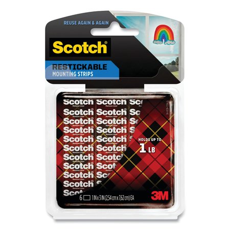 SCOTCH Restickable Mounting Tabs, Removable, Holds Up to 1 lb, 1 x 3, Clear, PK6 PK R101